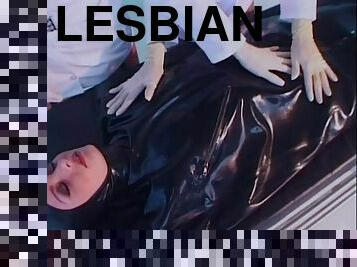 A blonde and a brunette play with a fucking machine in lesbian vid