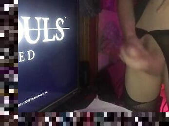 Taking a break from dark souls to play with my tits and cum on my desk ????