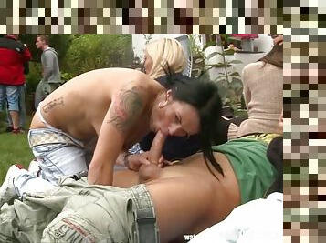 Outdoor orgy sex in garden party