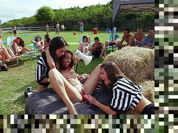 Three cute chicks get their pussies drilled during an outdoor orgy