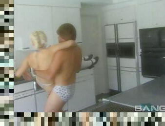 Kinky blonde ass fucked on the kitchen counter then he cums on her shoes