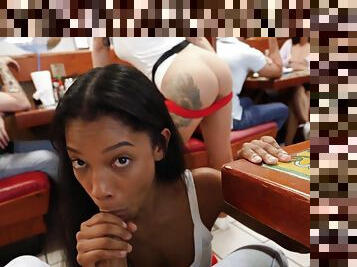 Elana Bunnz and Eden West getting fucked in a cafe