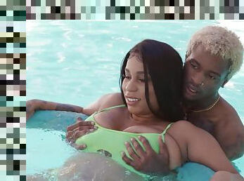 Hardcore fucking in the pool with shaved pussy ebony Paris The Muse