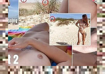 One day at the public nudist beach at Portugal. Masturbation and handjob behind strangers. PART 2