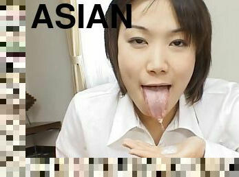Asian office girl sucks off her boss at work and swallows cum