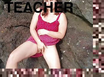 Teacher shows off big tits, ass and pussy in sex education lesson on the beach!