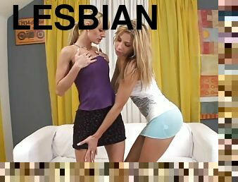 Accepting blonde lesbian with hot ass in miniskirt enjoying her pussy being licked