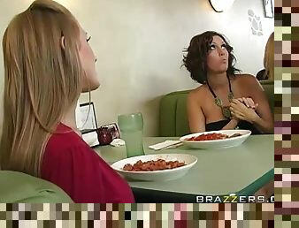 Abby Rode and Dylan Ryder seduce a waiter and share his cock