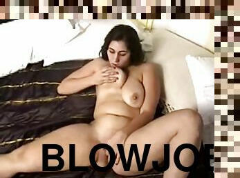 Huge breasted Eva gives a blowjob and a titjob