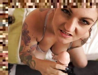 Tattooed babe offers a virtual blowjob to help you cum