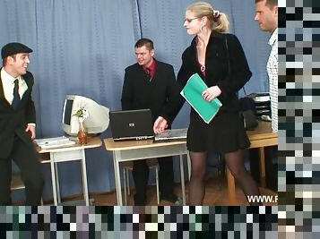 Blonde intern gets fucked by a couple of coworkers