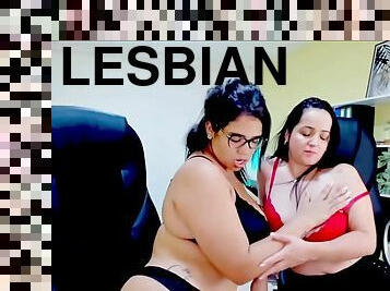 Chubby lesbian strpping and fucking in office