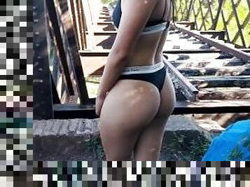 Tour guide strips naked and lets me eat her ass on the old train bridge.