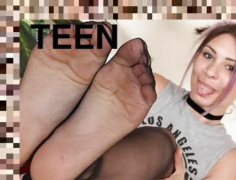 adolescente, pies, medias, fetichista, a-solas, fumando, espectacular, nylon, tacones