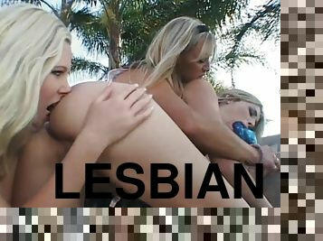 Hardcore lesbian trio ass licking and dildo fucking outdoor