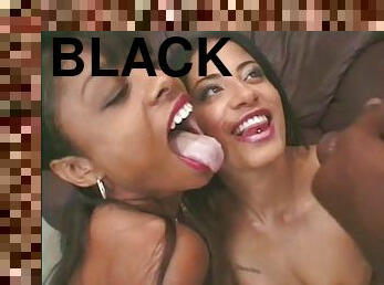 Black babe getting facial after sucking dick and fucking in threesome