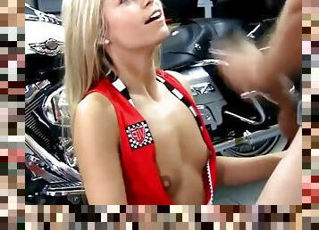 Blonde Sabrina rides a Harley man