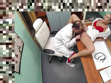 Sizzling nurse in red heels gets eaten out and shagged by cocky doctor