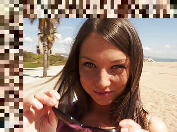 Brunette beach babe Foxy Di swallows cum after riding cock