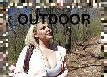 Naughty blonde Miss Jackson spreads legs to be fucked outdoors