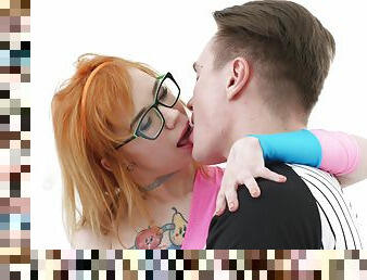 Nerdy redhead teen Kira Roller begs for a cumshot on her perky tits