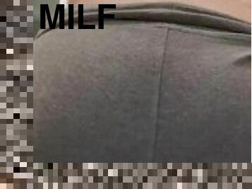 Hot tattooed milf pees grey yoga pants- held all day!