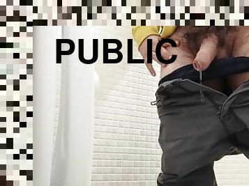 Peeing public toilet without hands - uncutted cock with huge foreskin
