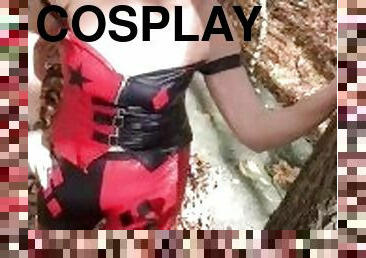 Sexy slut dresses as Harley Quinn dances and shows her titties