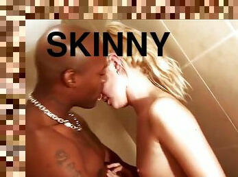 Skinny white girl makes out with a horny black guy
