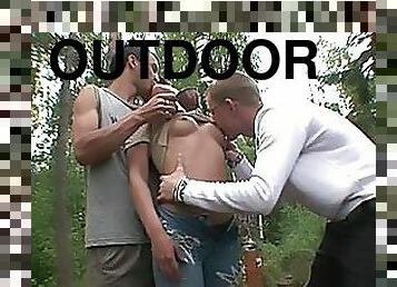 Drunk Teen Sucks and Fucks Two Cocks In Outdoorsy Threesome