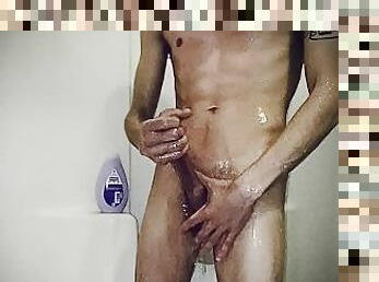 Stroking my long cock In the shower