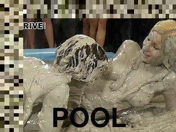 Nude pornstars celebrated as they wrestle fiercely in a messy pool