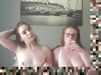 My small titted friend and I smoking a cigarette while playing with our boobs  nipple pulling