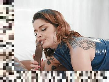 Stunning Vanessa Vega enjoys while sucking a big black penis
