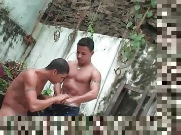 Smooth hot Latin guys suck cock outdoors