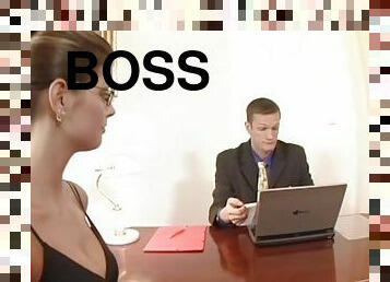 Talented secretary in striped stockings fucks her boss