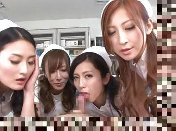 Four lecherous Japanese nurses lick and rub some dude's wang