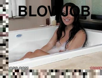 Lustful Asa Akira gives a blowjob in a bathroom