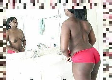 Chubby black chick showering and fucking a black dude