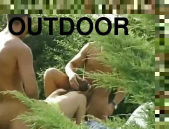 Pigtailed girl in their garden fucking two horny guys