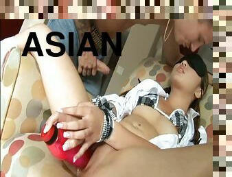 Sexy mini-skirt clad Asian chick with pigtails and a hot body enjoying an interracial screw