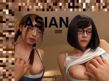 Nerdy and naughty Asian beauties sucking dick and fucking