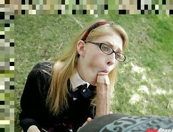 Innocent 18 year old girl sucking a man's rock hard shaft
