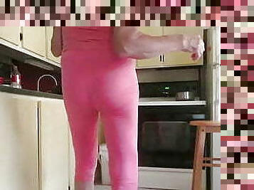 Male slut bitch in skin-tight leggings.