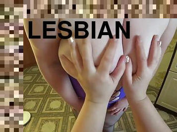 Lesbian fucks mature bbw through white panties, milf passionately shakes a big ass before orgasm. POV.