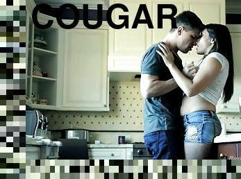 Naughty cougar uses her kitchen for more than cooking,see how she is fucked in it