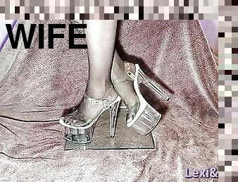 Wife&#039;s Little Nylon Pantyhose Feet in Clear Platform Heels