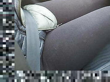 Step mom fucked through leggings while eating in the car 