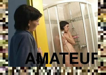 Amateur brunette lesbians sucking their tits in shower before masturbating passionately in reality shoot