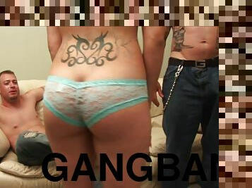 Tattooed Katrina Angel in panties gets cumshot after being gangbanged hardcore